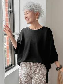 FRIFUL 女式基本款黑色宽松T恤，休闲夏装 - 黑色 - 查看 4