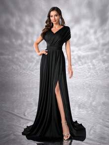 YISIKADO 女士连衣裙优雅缎面 V 领高腰长裙舞会派对女士礼服正式和晚礼服 - 黑色 - 查看 6