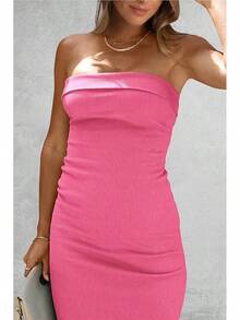 Women's Summer Bodycon Maxi Tube Dress Ribbed Strapless Side Slit Long Going Out Casual Elegant Party DressesHalloween Christmas New Year - 玫瑰粉紅 - 查看 5