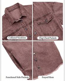 Vetinee Women's Oversized Button Up Frayed Hem Shacket Long Sleeve Pockets Denim Jean Jacket - 棕色石 - 查看 7