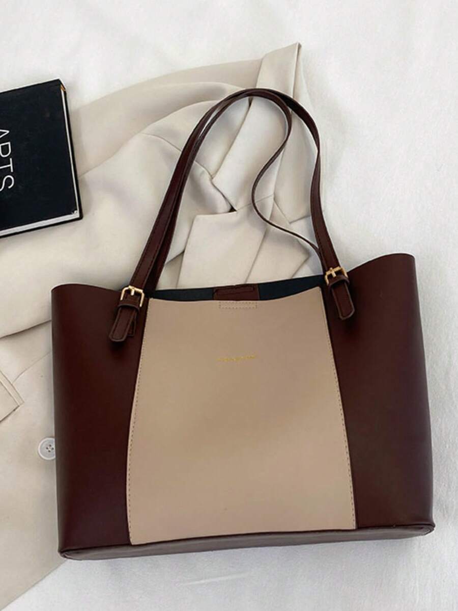 大容量休闲手提包，拼色设计配字母金箔装饰，可调节肩带，女士百搭通勤包 - 彩色 - 查看 1