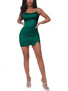 LYANER Women's Satin Silk Spaghetti Strap Slit Bodycon Sleeveless Mini Dress Prom Dress - 綠松石 - 查看 5
