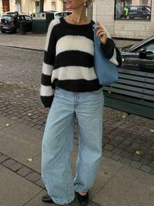 Áo len nữ Senya cổ tròn dáng rộng, tay dài, phối màu kẻ sọc, kiểu dáng thoải mái, đa năng, thích hợp mặc đi làm hàng ngày, mùa thu/đông. - Đen và trắng - Xem 3
