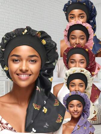 1pc Long Hair Satin Bonnet For Sleeping Extra Large Sleep Braid Bonnet Elastic Band Silk Night Sleep Hat For Women Long Curly Hair Braids Multi(Butterfly Print Style)