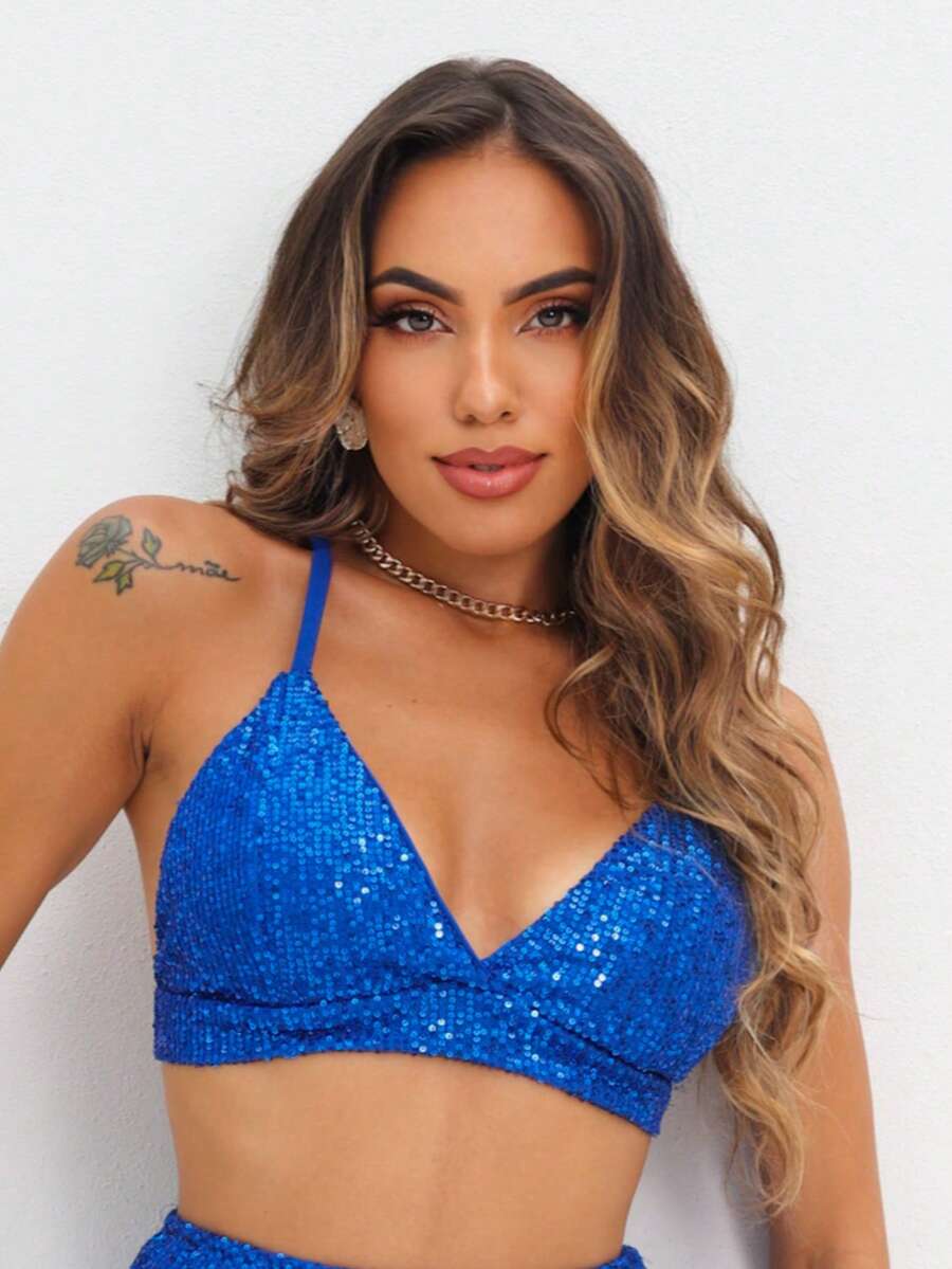 Sequined Crop Top, Shiny Party Bra Style - 寶藍色 - 查看 1