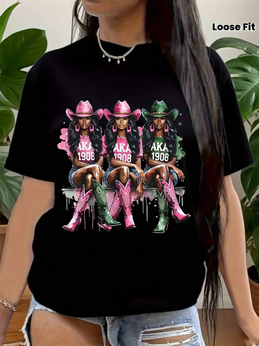 Plus Size Women Short Sleeve T-Shirt, AKA Sorority Tee, Fashionable AKA Sorority Shirt, Retro AKA Pretty Girl Wear, Vibrant Pretty Print T-Shirt, Ideal For Beautiful Girl - màu đen - Xem 1