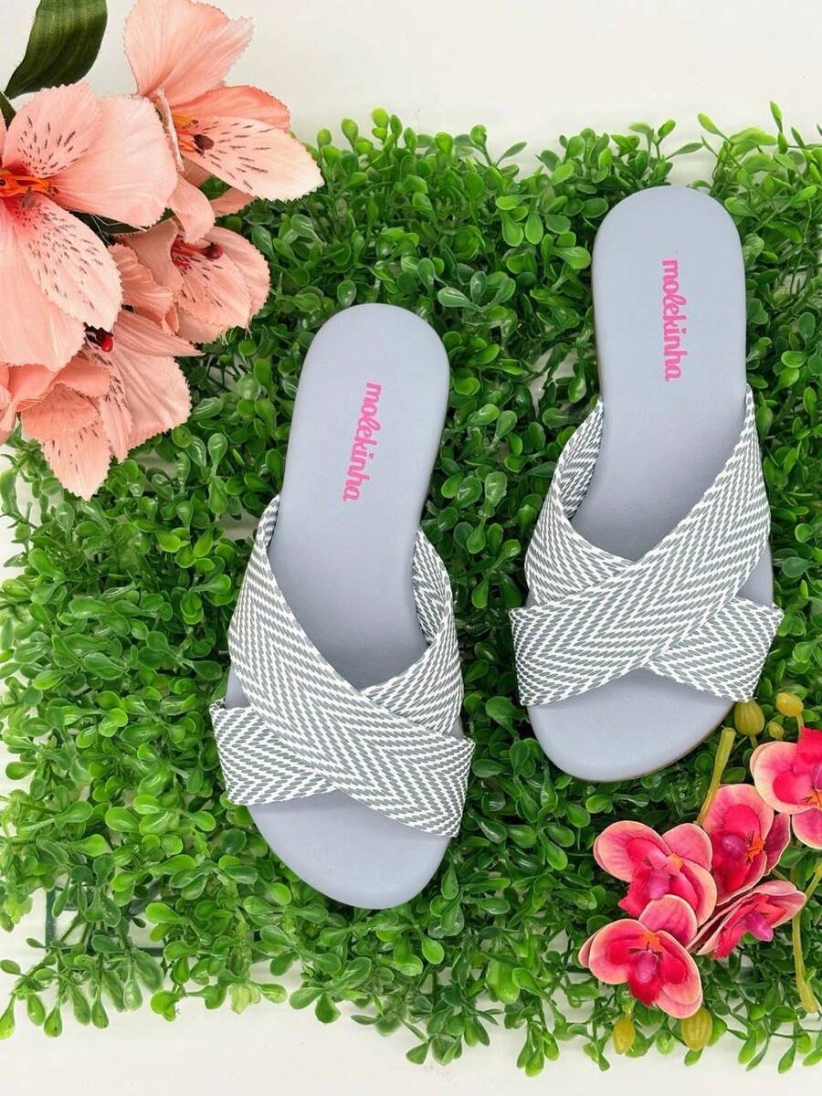 Girls' Flat Sandals, Slide Molekinha, Comfortable Youth - Blue Tresse - View 1