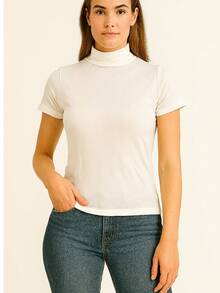 Women's Ribbed Mock Neck Short Sleeve Slim Fit Knit Top, Lightweight Stretchy Soft Tee Shirt, Casual Minimalist High Neck Pullover For Work, Travel And Everyday Wear, Classic Beige - trắng - Xem 2