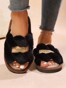 Women's Fluffy Slippers For Indoor Outdoor Wear, Anti-Slip Thick Sole Fuzzy House Slippers, Autumn/Winter - Black - View 3
