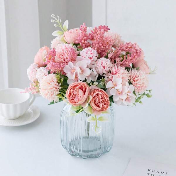 3pcs Artificial Rose, Hydrangea, Peony Mixed Flower Bouquet, Wedding Bridal Decor, DIY Wreath Materials, Birthday Party, Home Decor, Vase, Outdoor Garden, Autumn, New Year Gift