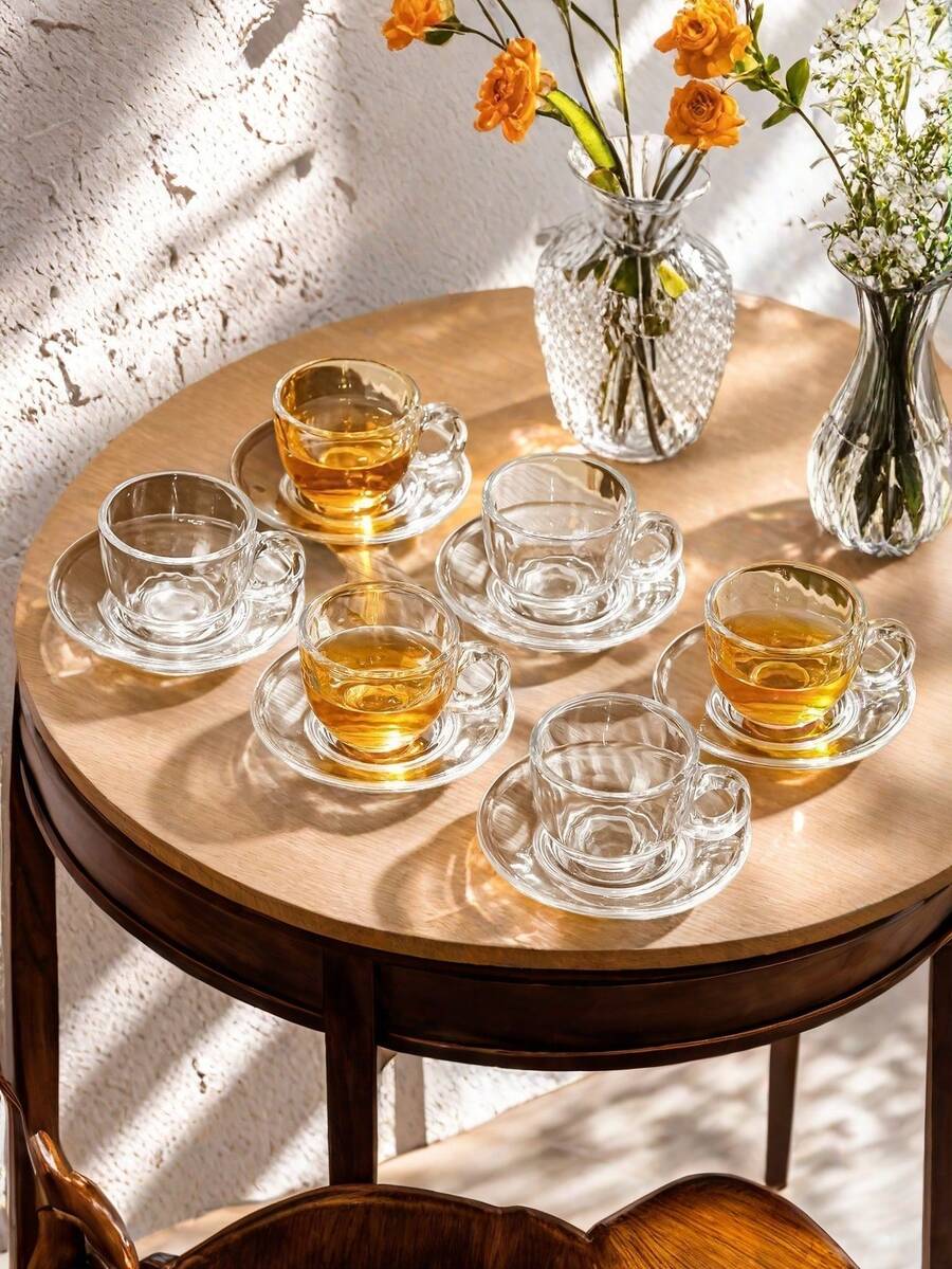 1 Set, Coffee Cup Set, Red Tea Cup, Multifunctional Glass Tea Cup With Tea Infuser - Heat Resistant, Reusable, Espresso, Juice, Cappuccino, 6 Cups 6 Saucers, Suitable For Home And Office Use - Multicolor - View 1