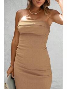 Women's Summer Bodycon Maxi Tube Dress Ribbed Strapless Side Slit Long Going Out Casual Elegant Party DressesHalloween Christmas New Year - 駝色 - 查看 5