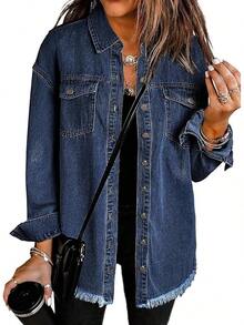 Vetinee Women's Oversized Button Up Frayed Hem Shacket Long Sleeve Pockets Denim Jean Jacket - Dark Blue - 查看 1