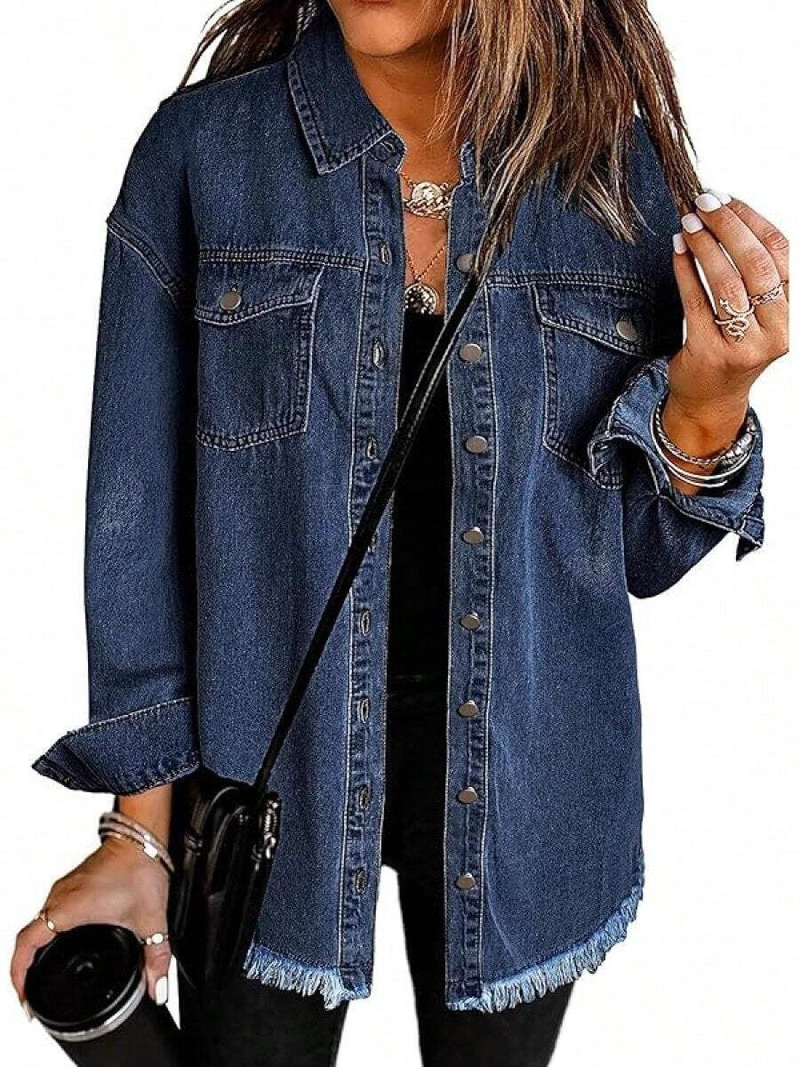 Vetinee Women's Oversized Button Up Frayed Hem Shacket Long Sleeve Pockets Denim Jean Jacket - Dark Blue - 查看 1