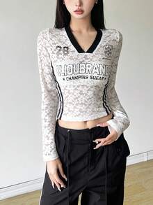 女式纯色修身短款上衣 V 领长袖印花衬衫