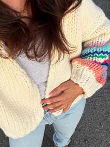 女士休闲秋冬时尚新款复古撞色奶油色可爱长袖粗针织开衫，柔软可爱多色奶油色开衫，完美适用于冬季、返校季、Y2K、街头风、复古风、约会、外出就餐和户外活动 - 杏色 - 查看 7