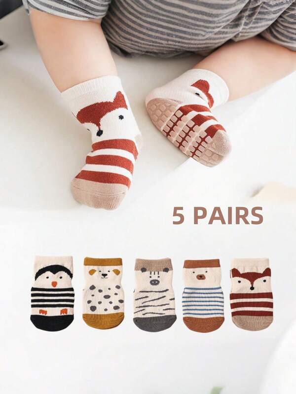 1/5 paires de chaussettes antidérapantes mignonnes pour bébé, chaussettes antidérapantes pour nouveau-nés et tout-petits, convenant aux bébés garçons et filles, toutes saisons