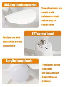 1 件白色 LED 照明吊扇，5 叶片设计，配备 E27 灯泡，支持照明亮度和风速调节，适用于客厅、卧室、办公室、厨房、餐厅和其他空间。