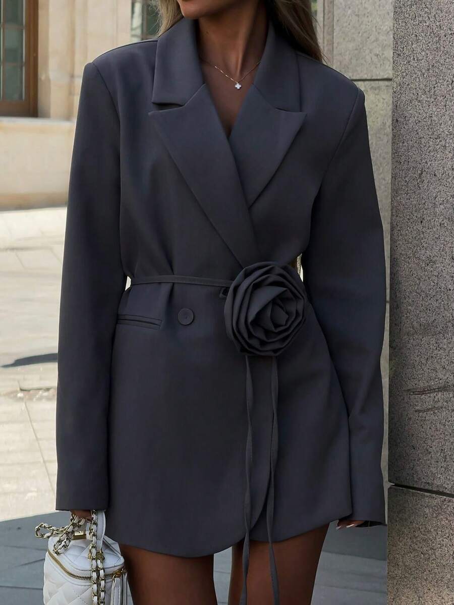 Women's Solid Color 3D Floral Pocket Double-Breasted Loose Blazer, Office & Casual Wear, Autumn/Winter Spring - Grey - View 1