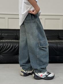 Boys' Loose Fit Casual Cargo Jeans Pants, Suitable For Daily, School, Outdoor Wear, Autumn - Blue - View 7