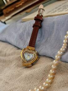 A Brand New French Vintage-Style Engraved Heart-Shaped Gold Dial Women's Watch, Set With Rhinestones, Is Stylish And Simple, Exuding Luxurious Elegance. Exquisitely Small And Waterproof, This Classic Quartz Timepiece Features A Delicate Mother-Of-Pearl Dial And Arabic Numeral Markers, Suitable For Everyday Wear, Evening Events, And Various Other Occasions. It Also Makes A Great Wrist Accessory, Holiday Gift, Or Birthday Present. - one-size - View 3