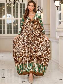Women's Leopard Print Batwing Sleeve Loose V-Neck Bohemian Style Long Dress Robe - Multicolor - View 1