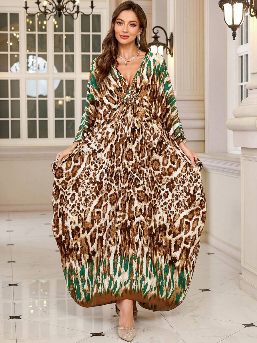 Women's Leopard Print Batwing Sleeve Loose V-Neck Bohemian Style Long Dress Robe - Multicolor - View 1