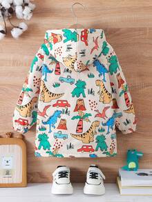 男童秋冬舒适涤纶面料保暖内衬恐龙印花连帽开衫夹克，趣味时尚印花，适合秋冬季，柔软舒适，适合外套、上学、聚会