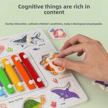 3+ Years Old Wooden Embedded Children's Hand Grab Board With Matching Puzzle, Xylophone, Painting Game Set, Reverse Side With Drawing & Writing Board, Animal, Fruit, Transportation Cognitive Early Education Intelligence Development Toy. Montessori Wooden Toy Learning Tool