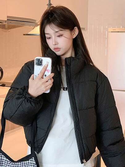 Abrigo corto de algodón con cremallera de metal y cuello alto para mujer, abrigo corto de algodón cálido, adecuado para el invierno.