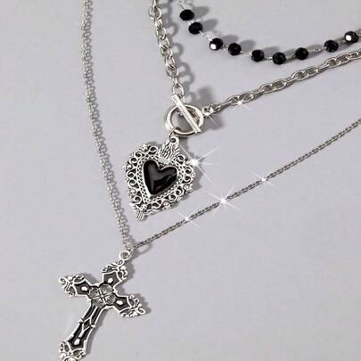 3pcs Vintage Gothic Style Beaded Black Heart OT Chain, Punk Rock Retro Sweet Goth Cross Necklace, Dark Gothic European & American Y2K Choker Necklace Design
