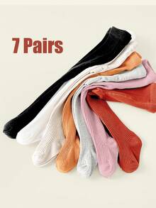 7pcs/Pack Baby Girls' Solid Color Elastic Leggings, Minimalist Style, Suitable For Spring & Autumn, Infant Tights - Multicolor - View 9