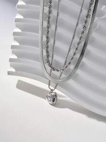 Nooxian Bộ 3 dây chuyền xếp chồng bằng thép không gỉ dành cho nữ, bao gồm dây xoắn, dây lưỡi dao và mặt dây chuyền hình trái tim bằng đồng đính đá Cubic Zirconia, chống thấm nước và chống xỉn màu - Bạc - Xem 6