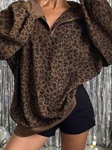 YI XUAN Sweatshirt Setengah Resleting Motif Leopard Ukuran Besar untuk Wanita, Sweatshirt Streetwear Longgar, Kasual Musim Gugur/Semi - Rust Brown - View 3