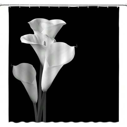 Black White Floral Shower Curtain, Elegant Calla Lily Flower Shower Curtains For Bathroom, Bathroom Curtain, Premium Polyester Fabric, Machine Washable, Includes 12 Plastic Hooks For Easy Installation, Home Decor Bathroom Decor