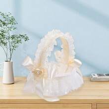 Flower Girl Baskets Western Lace Trim Wedding Basket With 3D Flowers  Bows For Party Prom Celebration - 乳白 - 查看 3