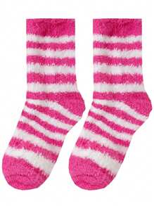 1Pair Women Khaki Socks With White Stripes Winter Cozy Warmly Soft Fuzzy Socks Comfort Fluffy Anklet Crew Socks