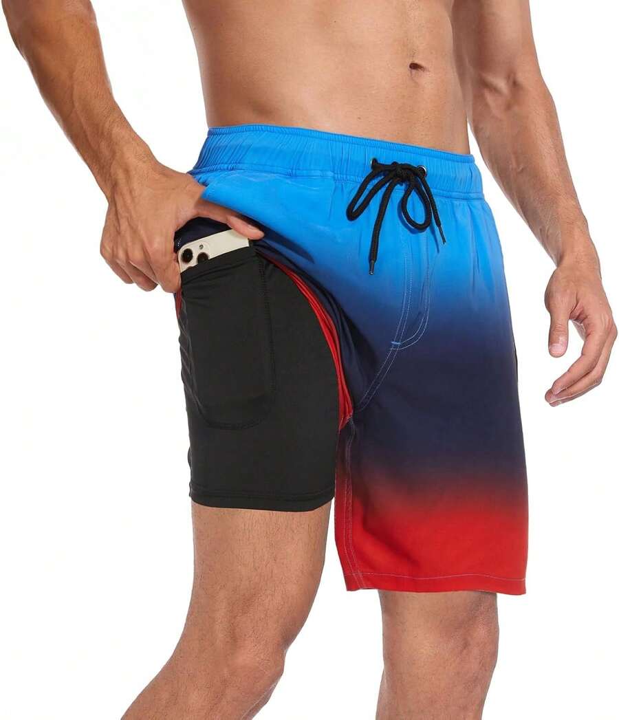 Mens Swim Trunks With Compression Liner Inch Inseam Quick Dry 2 In 1 Beach Board Shorts With Pockets S-3XLA Valentine's Day 9FML - C漸變黑 - 查看 1