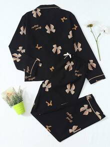 2 piezas/Set Pijama de mujer con estampado de mariposa para otoño/invierno, top de manga larga con botones y cuello de solapa y pantalones largos, ropa de dormir casual - Negro - Ver 2