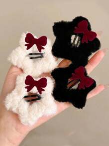 4pcs Women's Autumn/Winter Plush Star Bow Barrettes, Cute & Elegant Side Bangs Decor Hair Clips, Korean Style Versatile Hair Accessories Suitable For Daily Wear, Accessories Y2k, Claw Clips, Hair Claws, Hair Slide, Fall Fashion, Bows - Multicolor - View 17