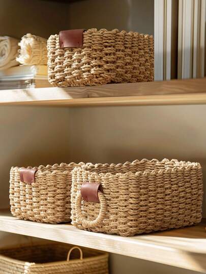 1pc Woven Basket, 3pcs (S+M+L) Woven Storage Basket Set With Handles, Paper Rope Storage Baskets For Organization, Cute Decorative Gift Baskets, Storage Containers For Cabinet, Bedroom, Living Room, Dorm, Desk, Farmhouse Decor, Reusable Bohemian Style Organizer Baskets For Stationery, Closet, Toys, Cosmetics, Ideal Gift Basket