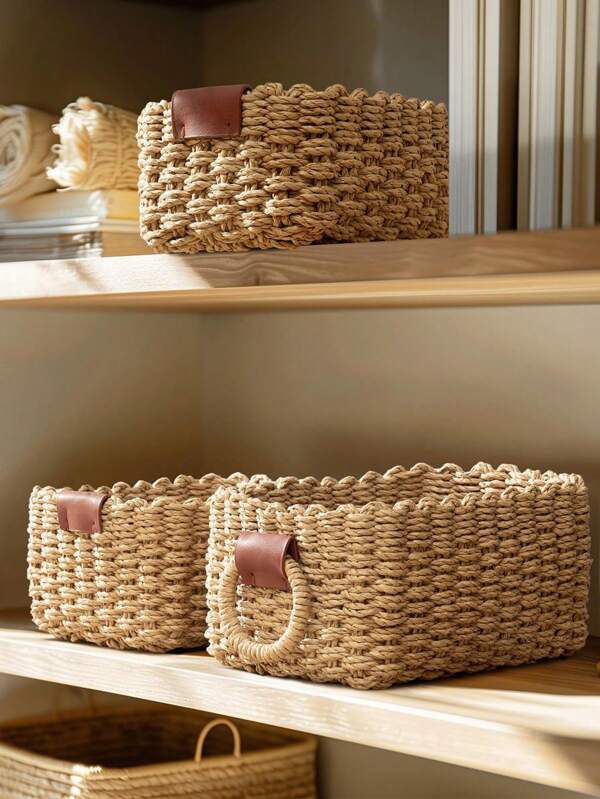 1pc Woven Basket, 3pcs (S+M+L) Woven Storage Basket Set With Handles, Paper Rope Storage Baskets For Organization, Cute Decorative Gift Baskets, Storage Containers For Cabinet, Bedroom, Living Room, Dorm, Desk, Farmhouse Decor, Reusable Bohemian Style Organizer Baskets For Stationery, Closet, Toys, Cosmetics, Ideal Gift Basket