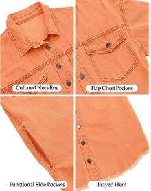 Vetinee Women's Oversized Button Up Frayed Hem Shacket Long Sleeve Pockets Denim Jean Jacket - 橘色 - 查看 6