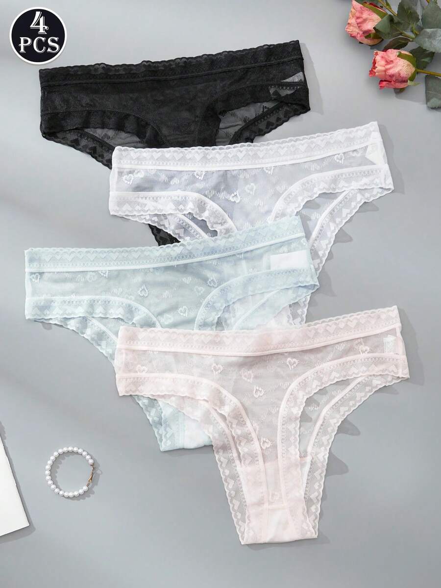 4pcs Multicolor Women's Panties Semi-Sheer Sexy Triangular Panties Love Lace Comfortable Women's Panties
