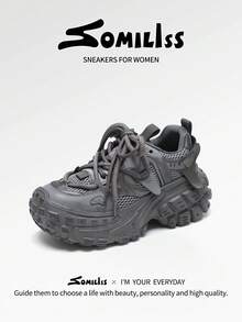 somiliss 1 Pair Women's Lace-Up Casual Sports Shoes, Slip-Resistant, Breathable Mesh Upper, Comfortable For Students, Running, 2025 Autumn New Personalized Pineapple Sole, 6cm Platform, Low-Top Outdoor Walking Shoes, Gray
