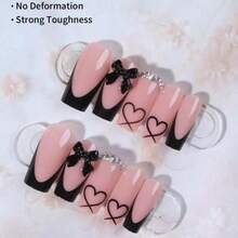 Medium Pr On Nails Coffin Fake Nails Black French Tip False Nails With 3D Bow Charms Design Glue On Nails Heart Acrylic Nails Rhinestone Full Cover Stick On Nails For Women 24Pcs - 黑色 - 查看 2