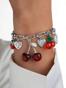 1pc Handmade Cherry Bow Heart Charm Bracelet, Golden Color Chunky Chain, Fashionable Cherry Bracelet Jewelry, Spring/Summer