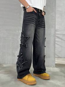 Quần jean ống đứng rộng rãi cổ điển màu đen có miếng vá hình ngôi sao cho nam, quần ống rộng phong cách đường phố Mỹ thường ngày, thu/đông - màu đen - Xem 5