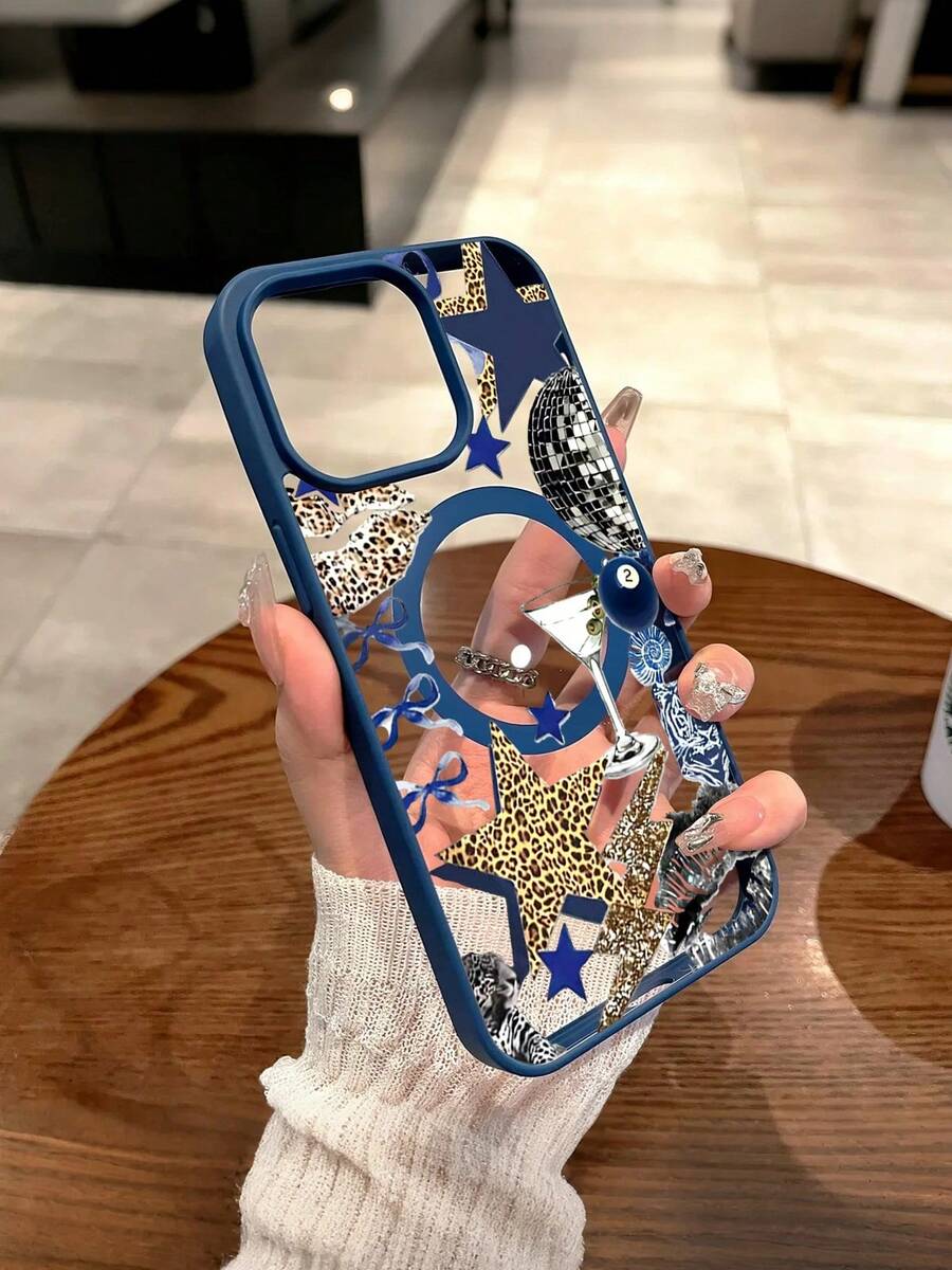 Leopard Print Five-Pointed Star Blue Bow Lip Pattern Magnetic Clear Phone Case For IPhone 17/16/15/14/13/12/11/Air/ProMax/Pro/Plus For Samsung Galaxy S25-S22/FE/Ultra, Creative Y2K Acrylic+TPU Compatible, Fundas Para Cover De Matching Cases For Girls - trắng - Xem 1
