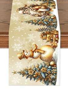 1pc 35x180cm Christmas Polyester Tablecloth, Vintage Gold Theme Polyester Tablecloth With Santa Claus And Snowman Pattern, Decorative Cloth For Family Dinner Party, Holiday Decor - Multicolor - View 3